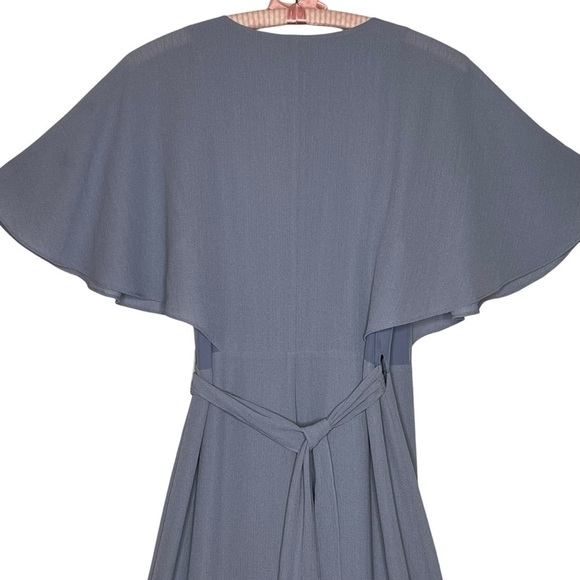 Halston Dusty Blue V Neck Ruffle Split Maxi Wrap Dress Gown Size L Short Sleeve - Picture 11 of 13
